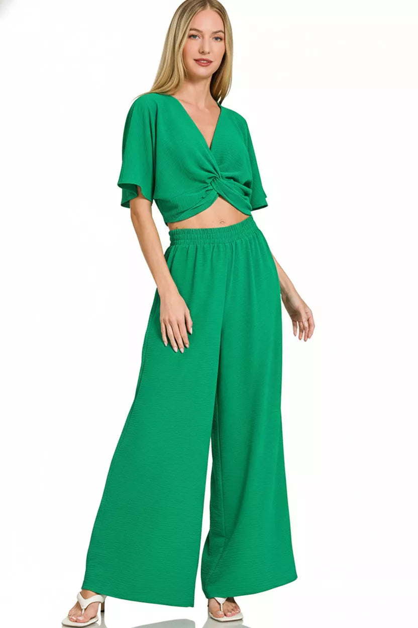 Zenana Woven Airflow Twisted Top & Wide Leg Pants Set 