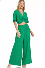Zenana Woven Airflow Twisted Top & Wide Leg Pants Set 