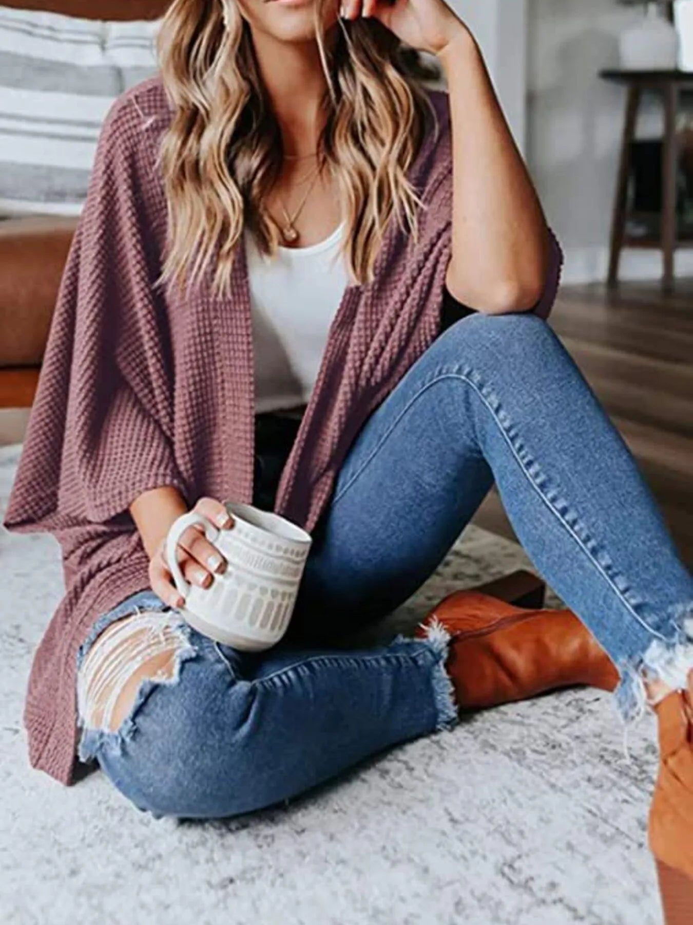 Full Size Open Front Waffle Knit Cardigan Plus Size 
