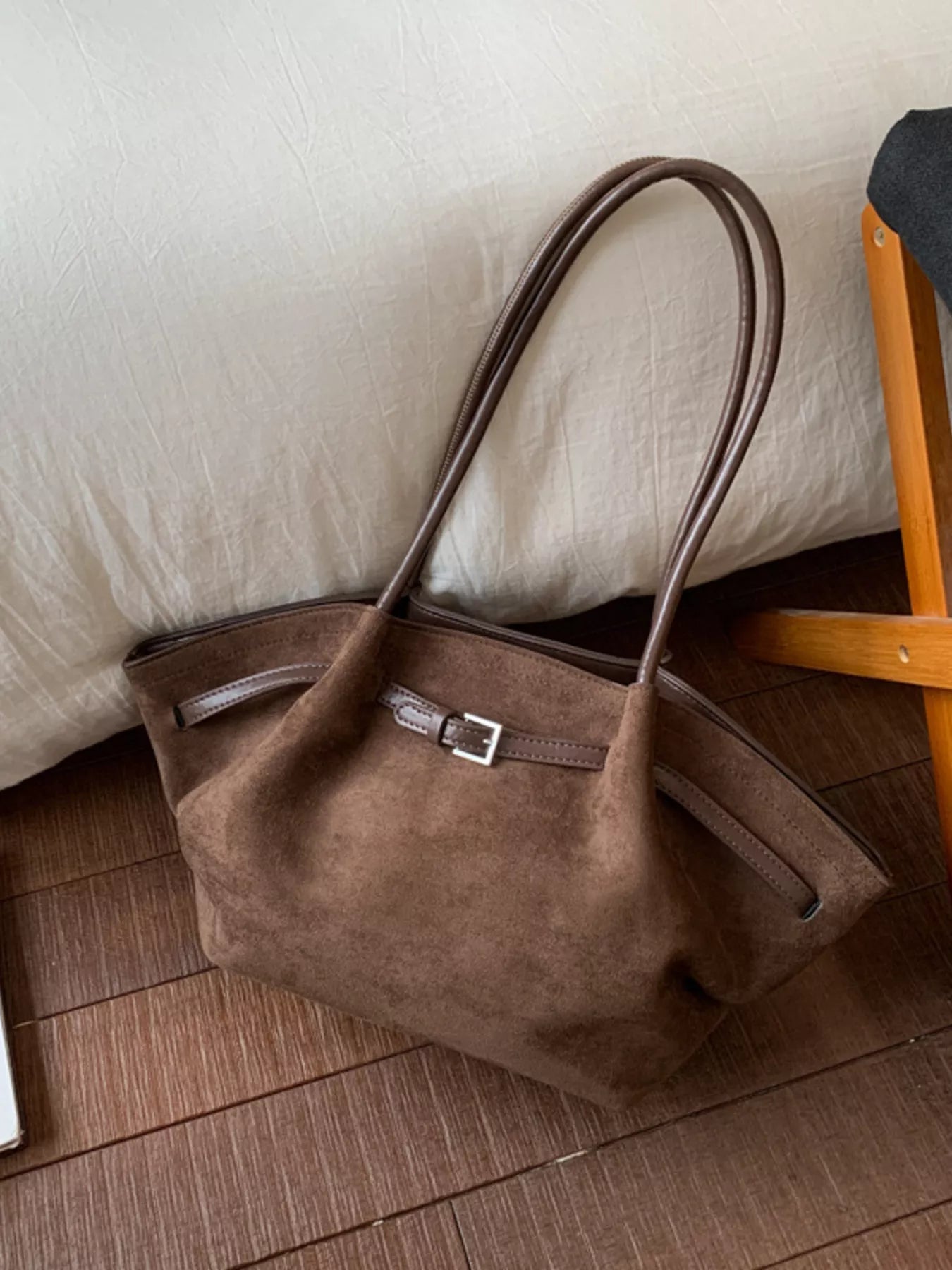 Solid Color Buckle Tote Bag 