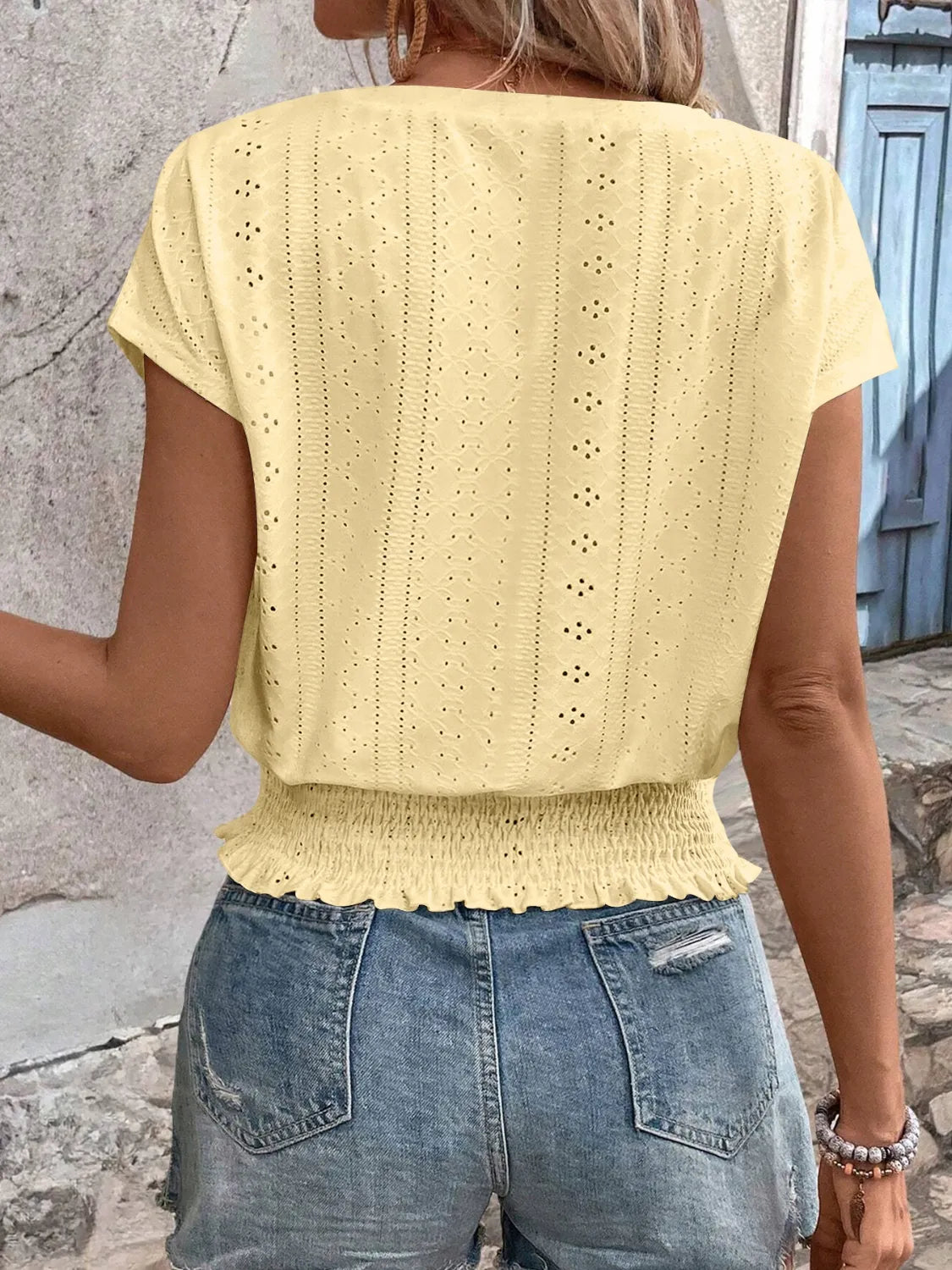 Eyelet V-Neck Short Sleeve Blouse 