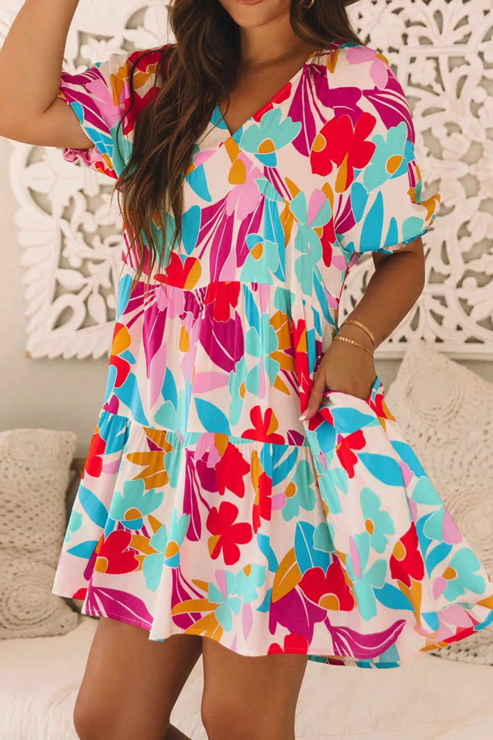 Floral Bubble Sleeve V Neck Tiered Ruffle Babydoll Dress 