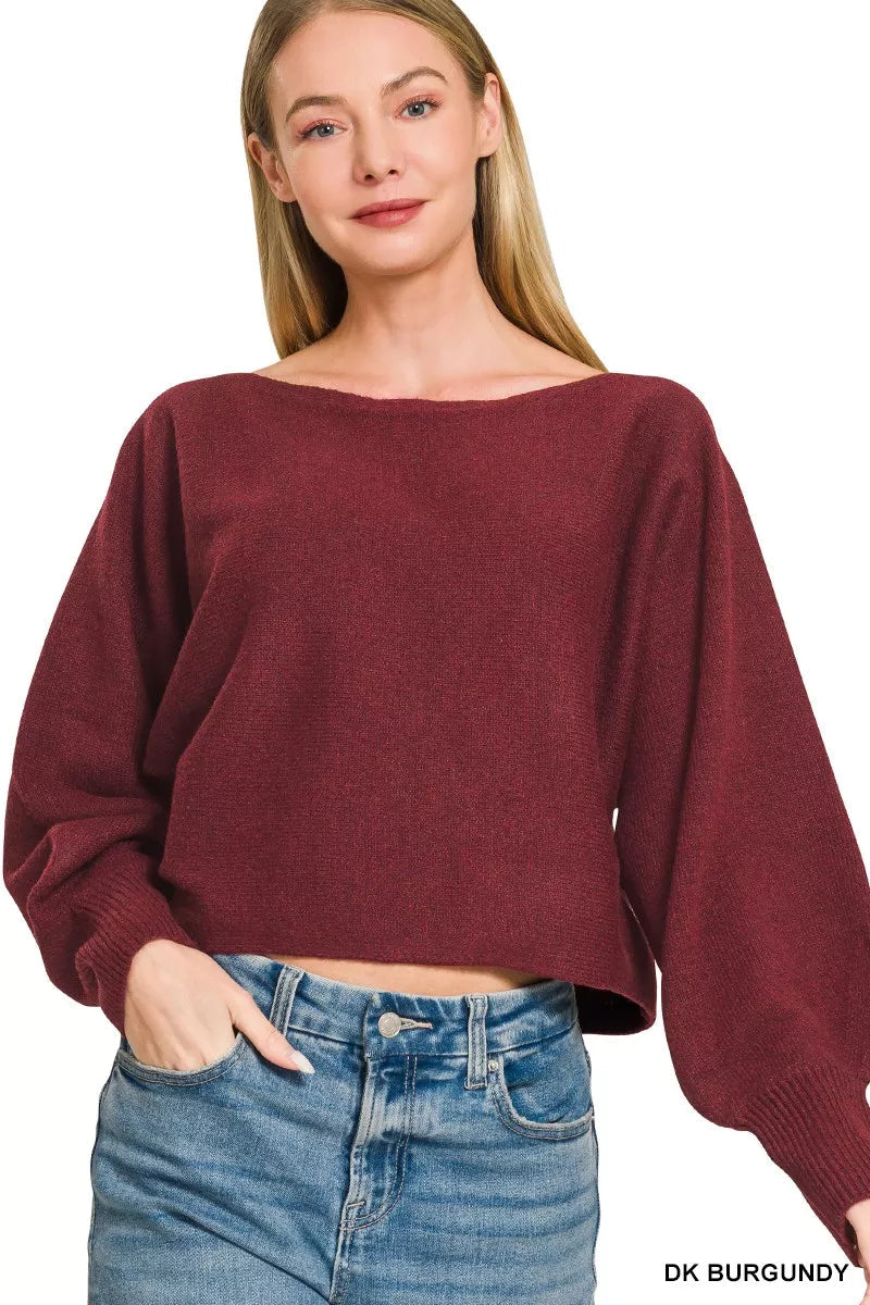 Zenana Boat Neck Balloon Sleeve Sweater 