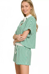 Zenana Striped Collared Top & Shorts Set 