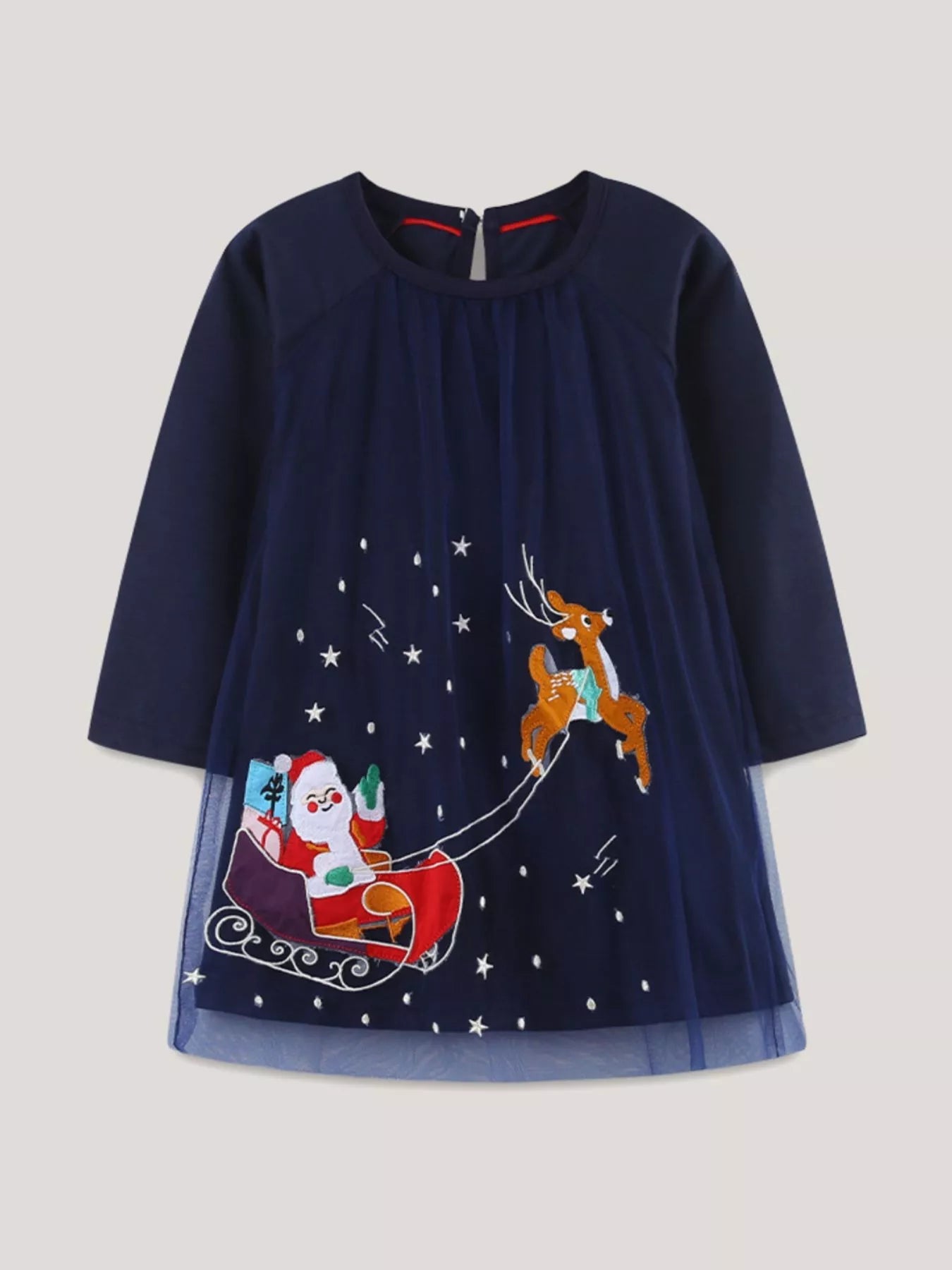 Children's Christmas Santa & Reindeer Embroidered Tulle Dress 