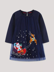 Children's Christmas Santa & Reindeer Embroidered Tulle Dress 