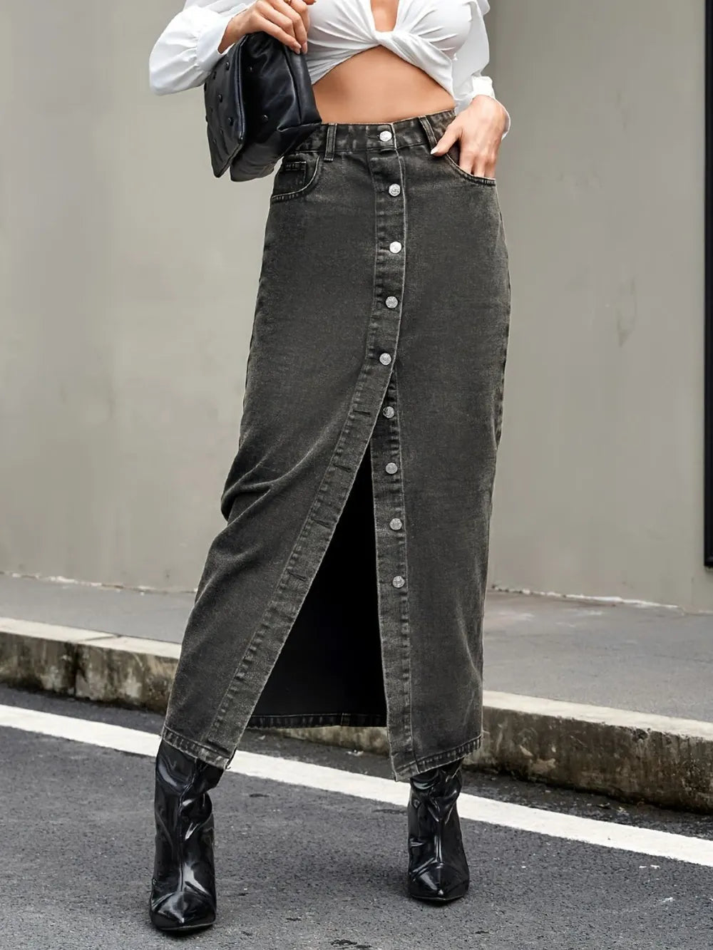 Button Up High Rise Denim Skirt 