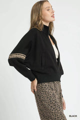 Umgee Zipper Up Cropped Jacket with Leopard Trim 