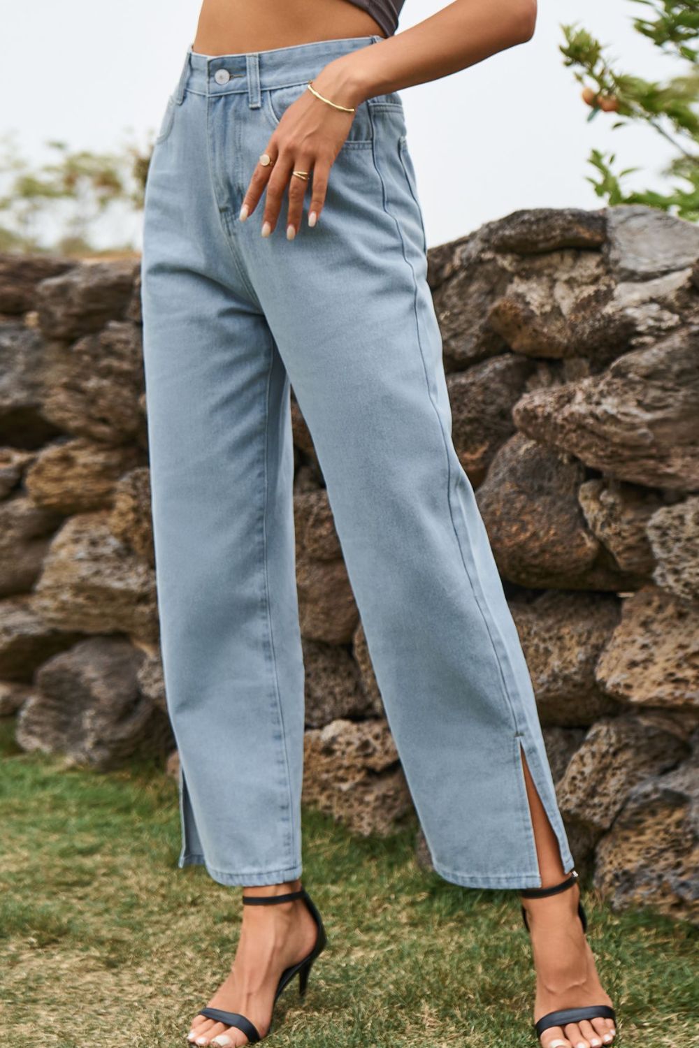 High Waist Loose Fit Ankle Slit Jeans 