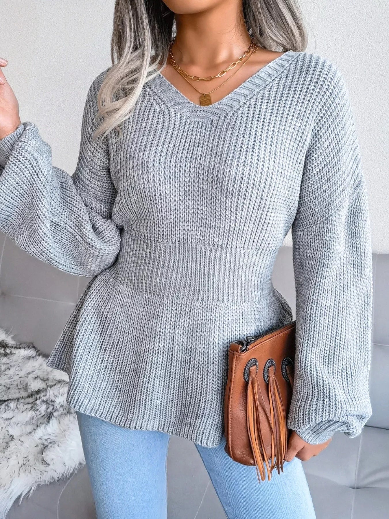 V-Neck Dropped Shoulder Sweater 