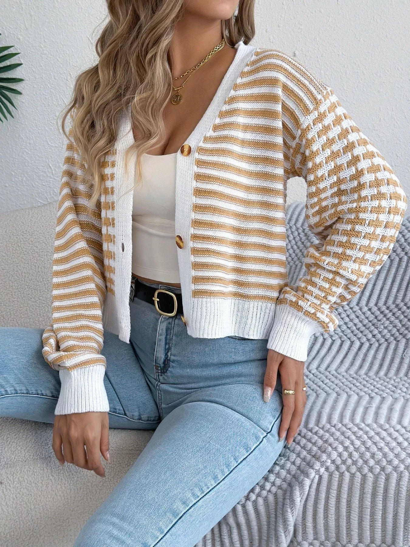 Striped Button-Up Cropped Cardigan 