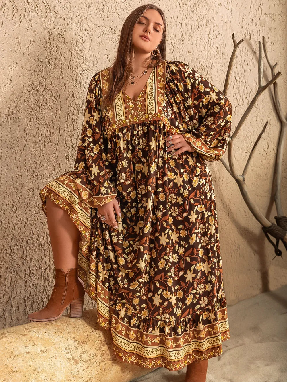 Plus Size Printed V-Neck Balloon Sleeve Dress 