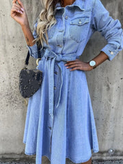Full Size Tie Waist Button Front Denim Shirt Dress Plus Size 