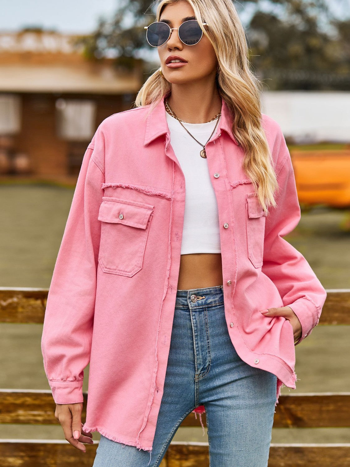 Button Up Collared Neck Raw Hem Denim Top 