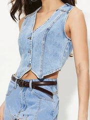 Button-Up Sleeveless Denim Vest 