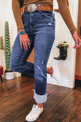 Folded Cuffs Distressed Straight High Waist Jeans 