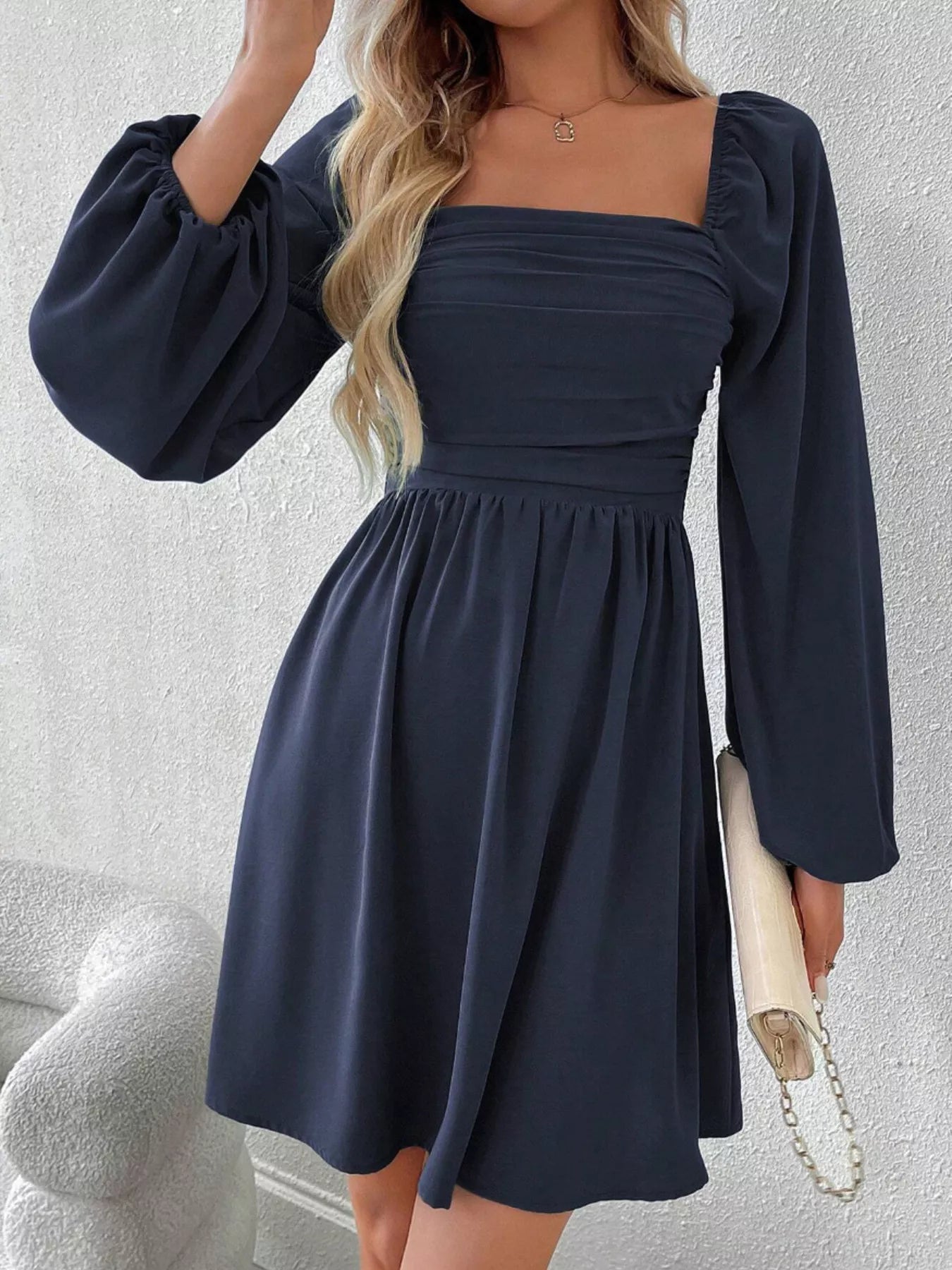 Ruched Square Neck Long Sleeve A-Line Dress 
