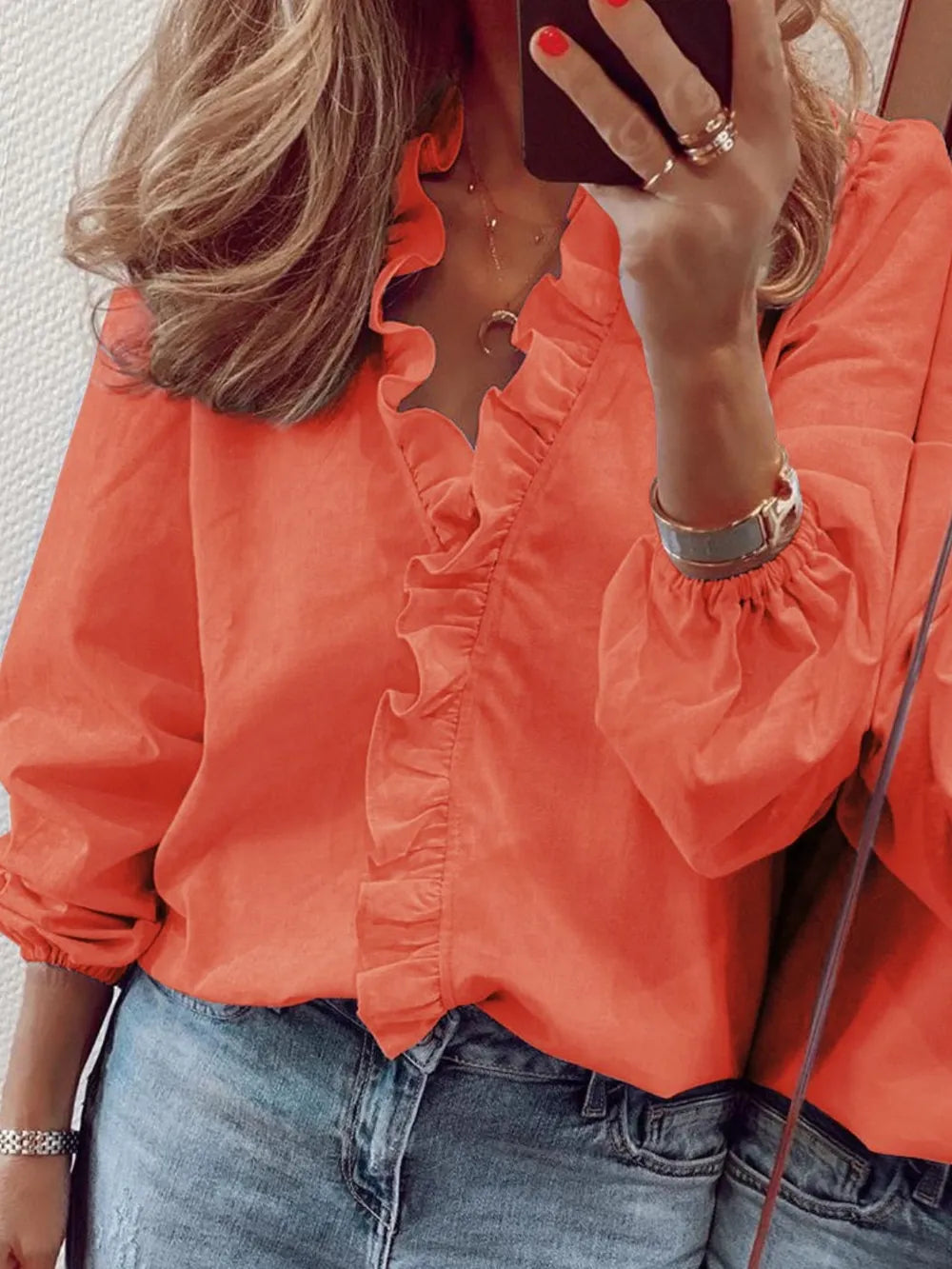 Ruffled V-Neck Long Sleeve Blouse 