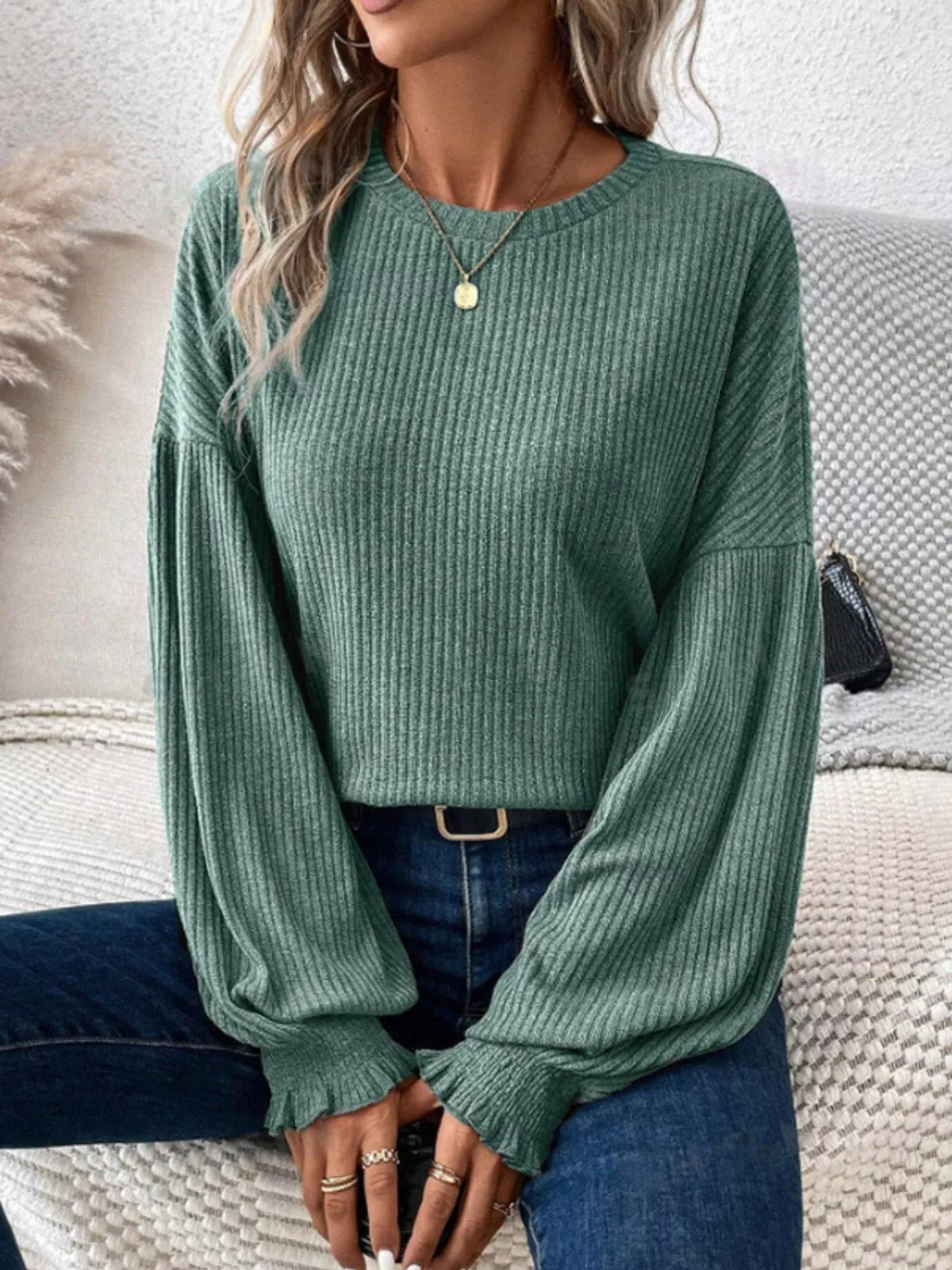 Ribbed Knit Long Sleeve T-Shirt 