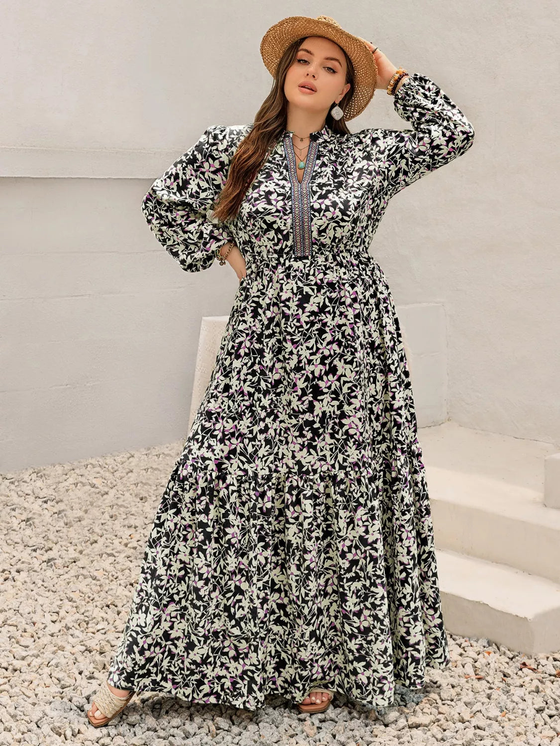 Plus Size Floral Print Long Sleeve Tiered Maxi Dress 