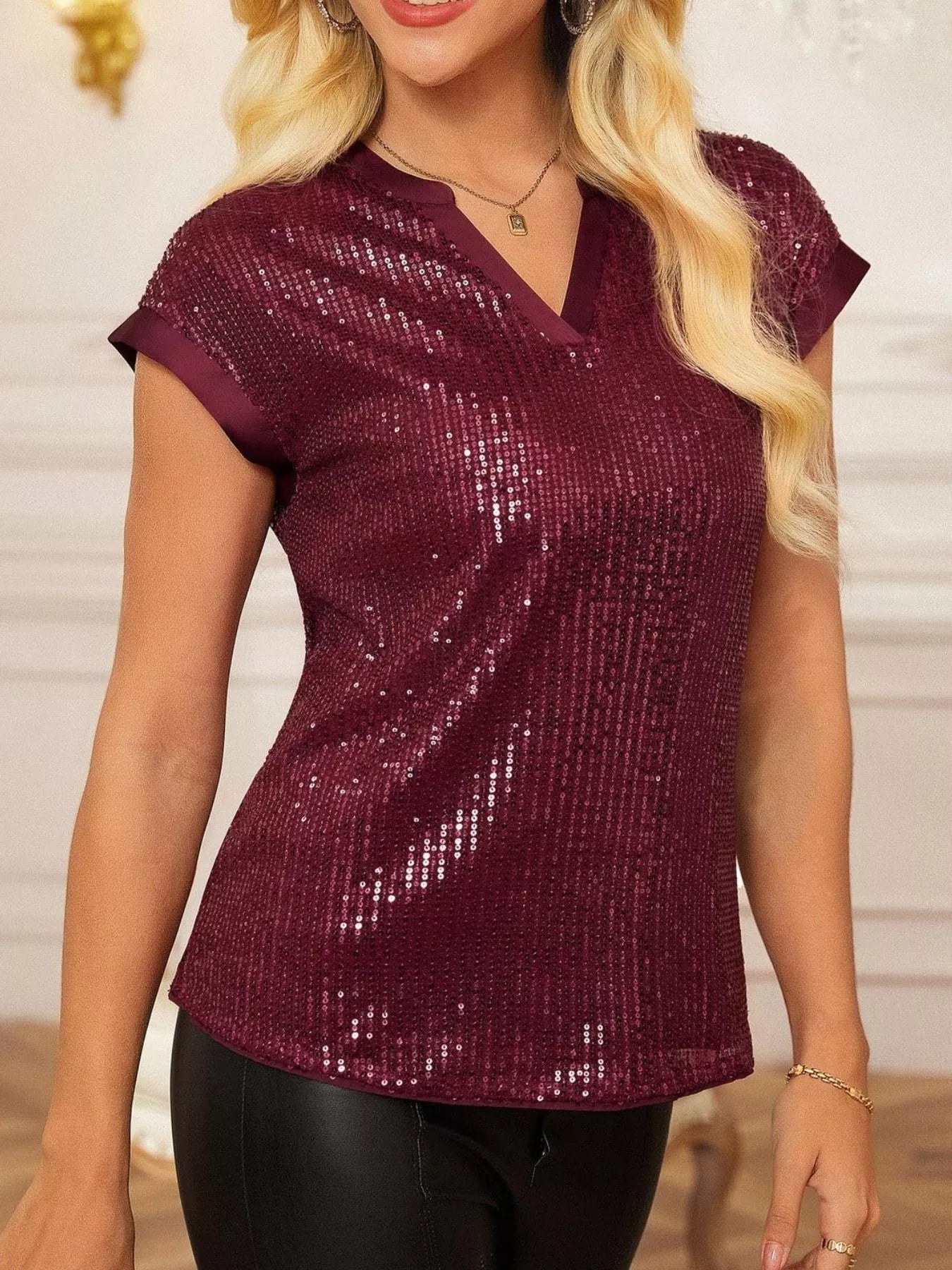 Sequin Notched Cap Sleeve Blouse 