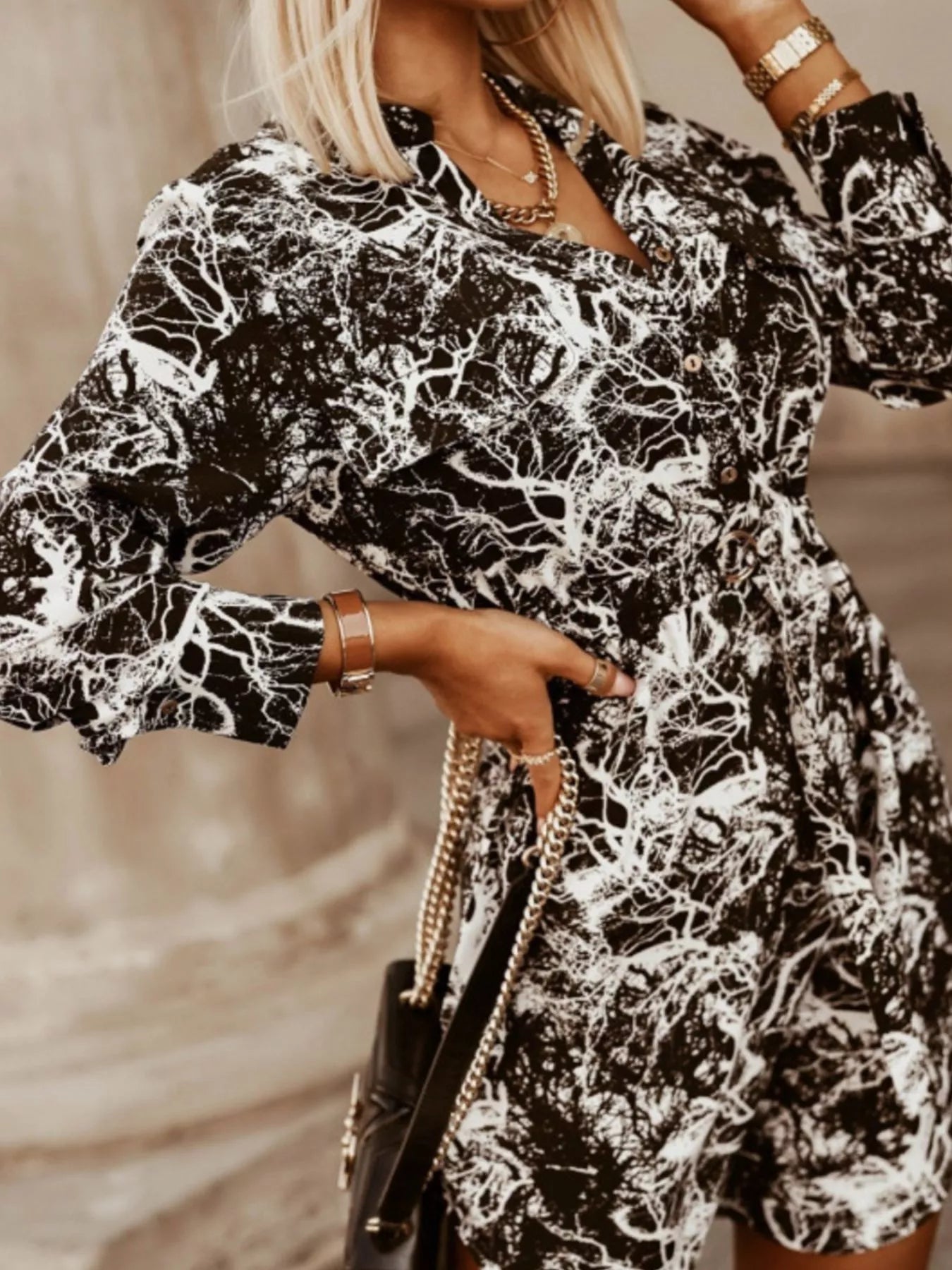 Printed Button Front Long Sleeve Dress 