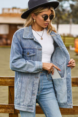Buttoned Collared Neck Denim Jacket with Pockets 