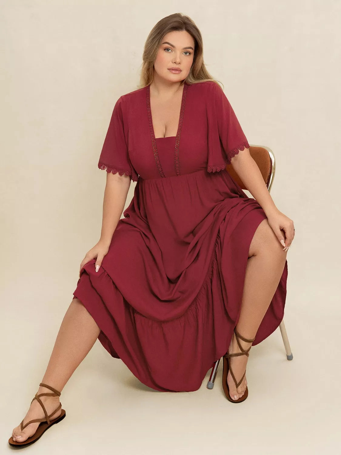 Plus Size Lace Detail Flutter Sleeve Maxi Dress 