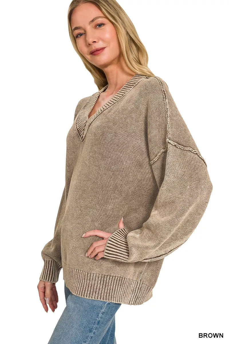 Zenana Washed Deep V-neck Oversized Sweater 