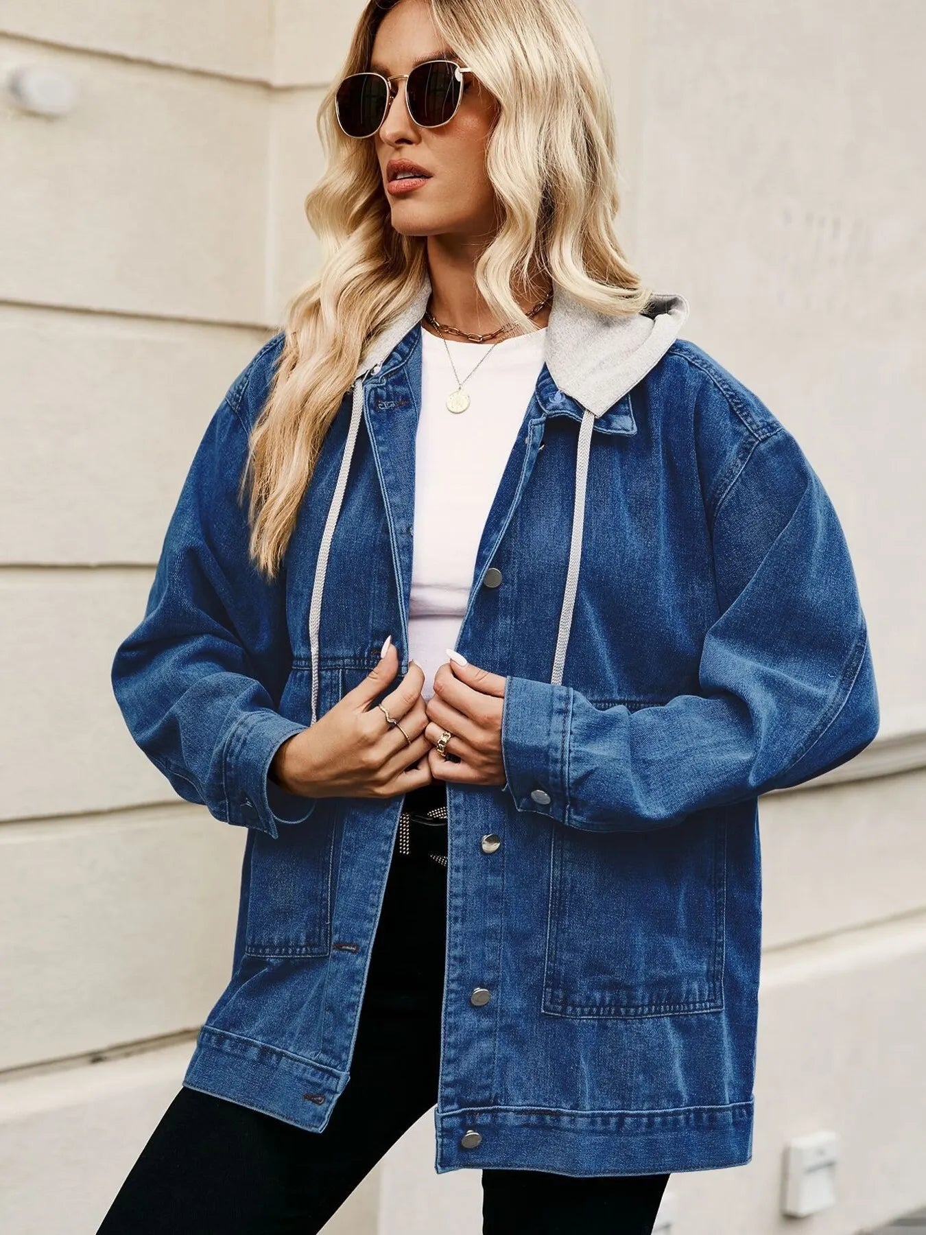 Oversized Button Up Denim Jacket with Hood 