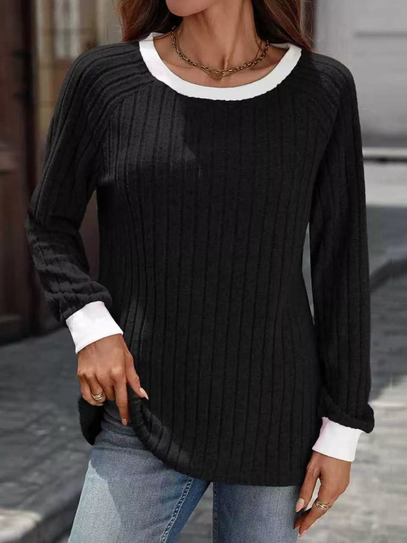 Ribbed Round Neck Raglan Sleeve Knit Top 