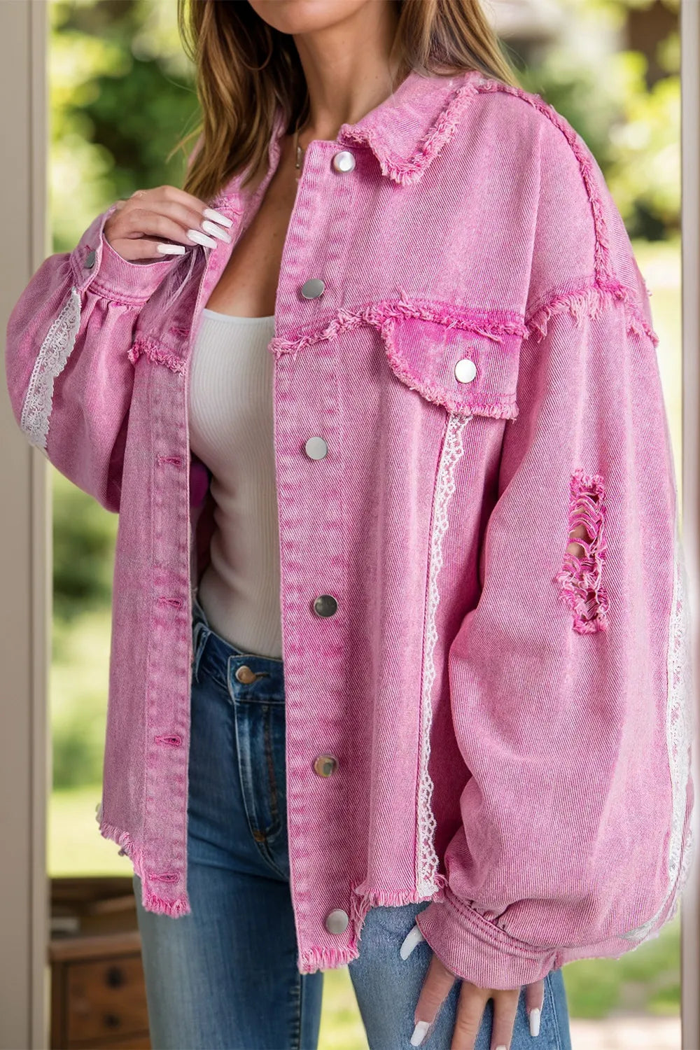 Lace Detail Distressed Raw Hem Long Sleeve Denim Jacket 