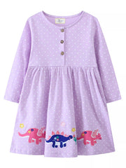 Children's Dinosaur Embroidered Polka Dot Dress 