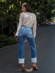 Stepped Waist Raw Hem Rolled Straight Jeans 