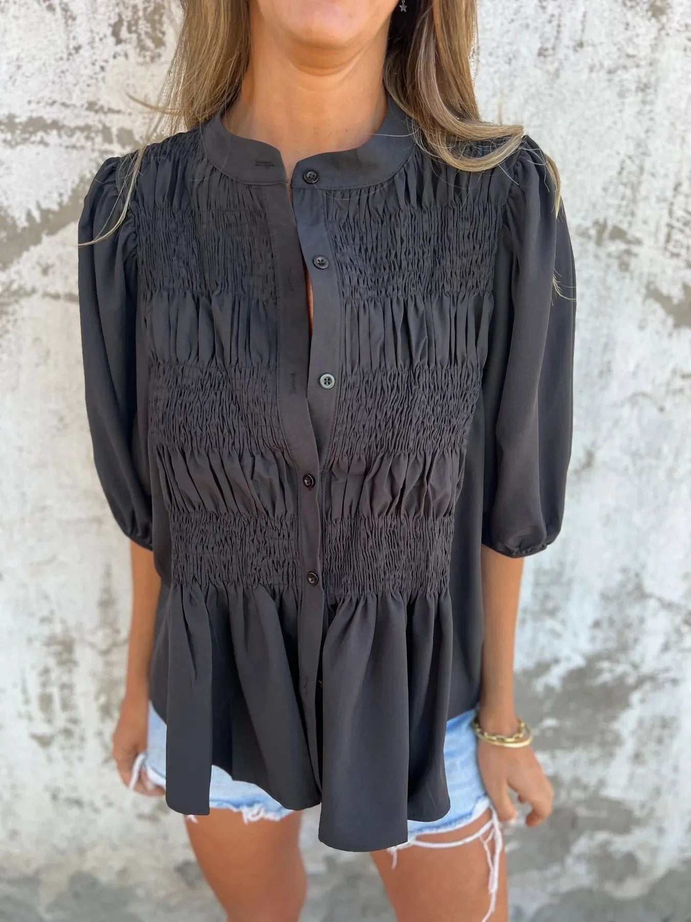 Full Size Smocked Puff Sleeve Blouse Plus Size 