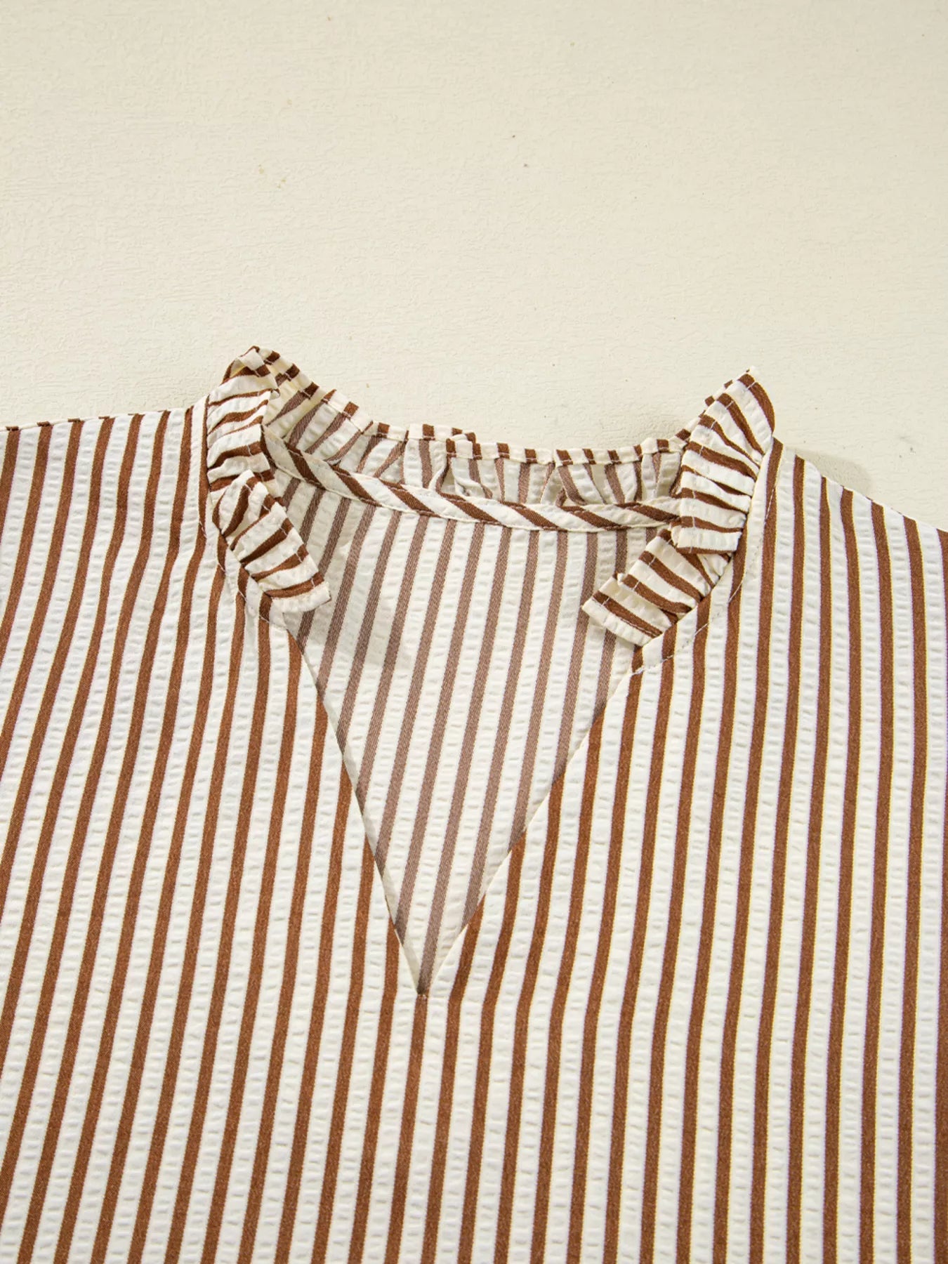 Striped Ruffled Neck Blouse with Tie Sleeves 
