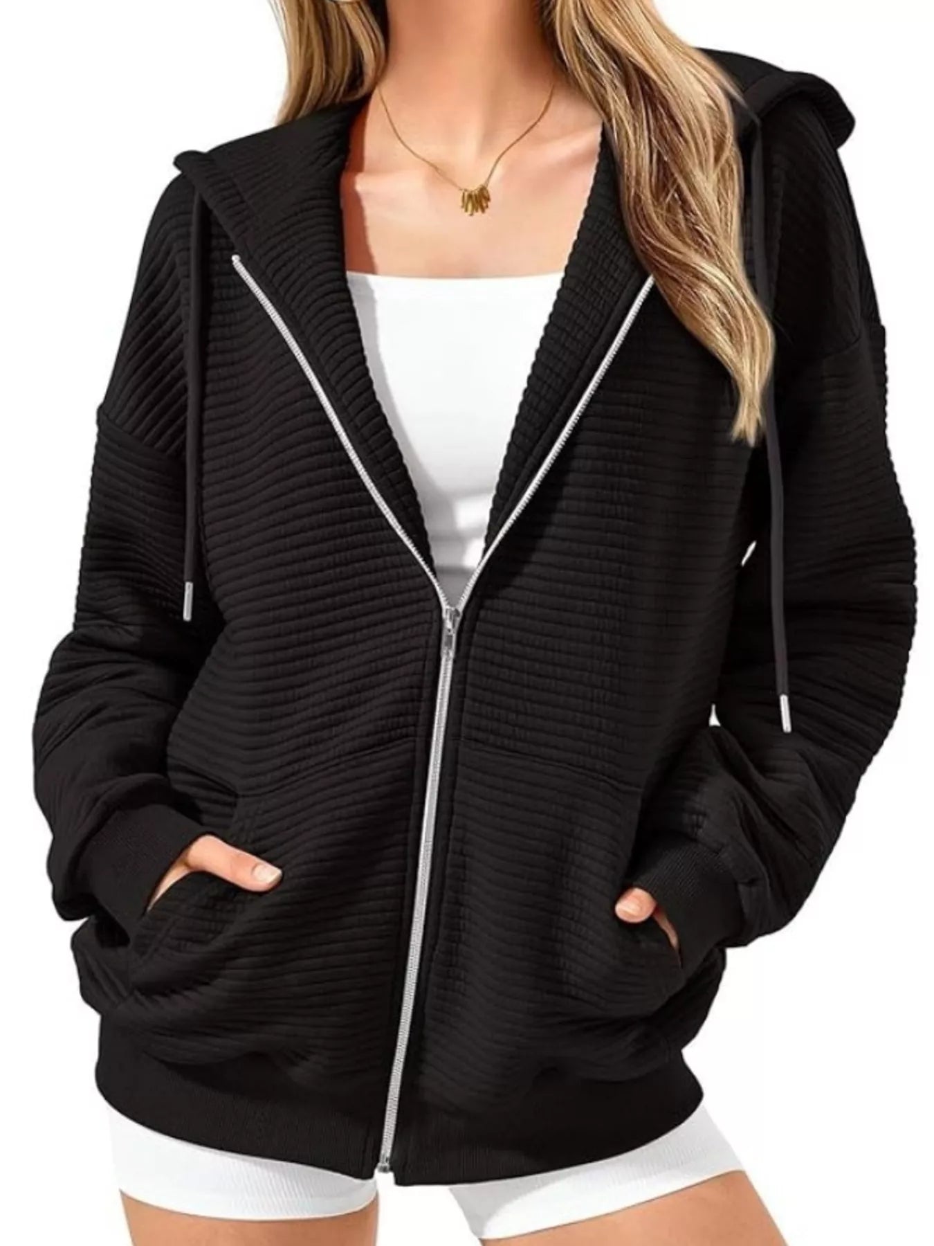 Drawstring Zip Up Dropped Shoulder Hoodie 