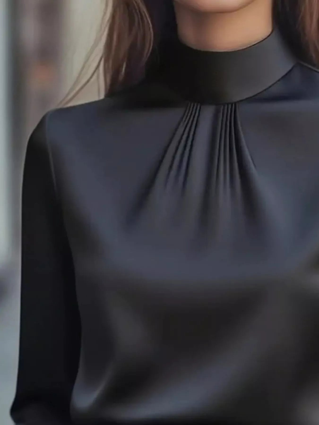 Mock Neck Long Sleeve Blouse with Pleated Detail 