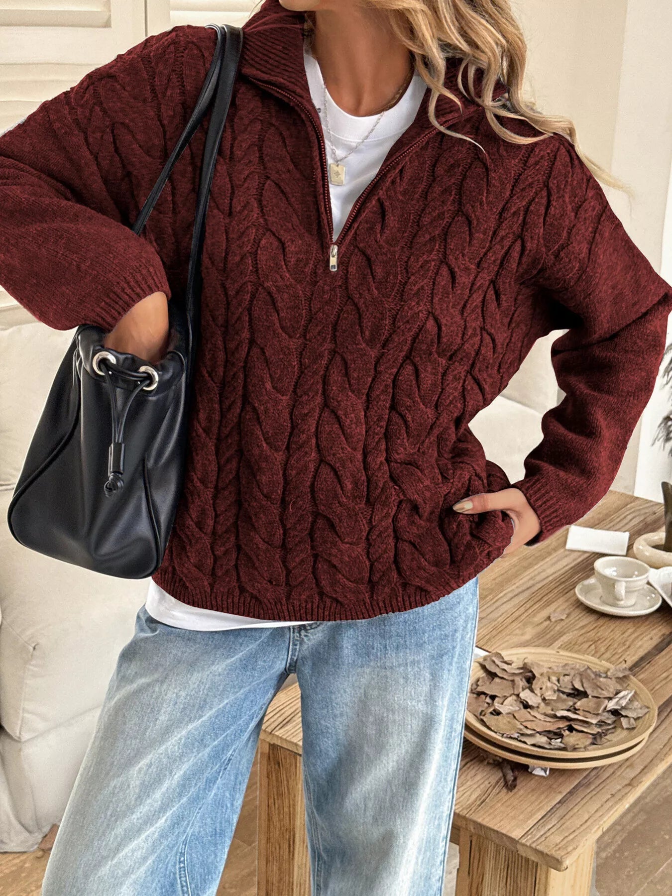 Zip Collar Cable-Knit Sweater 