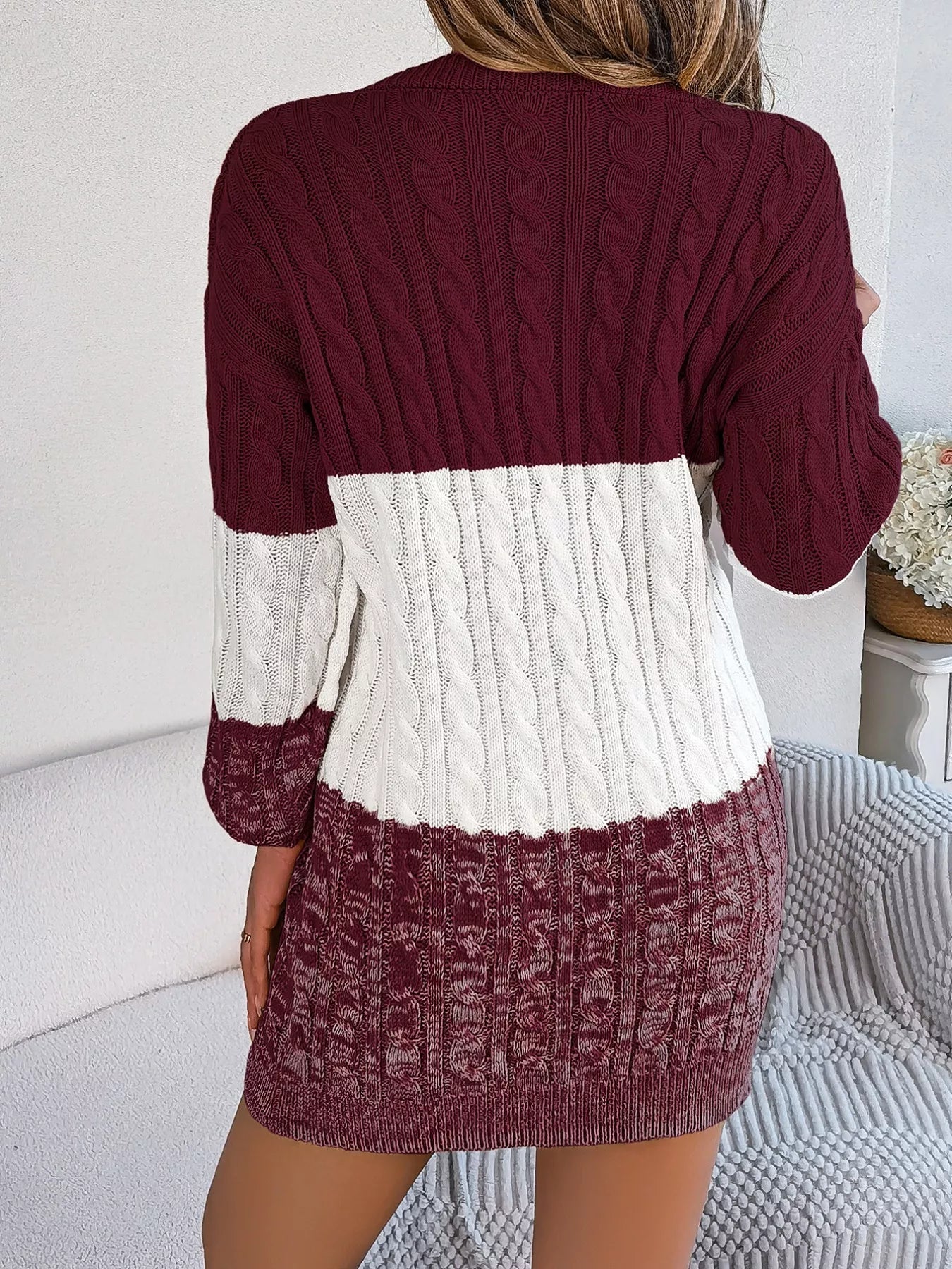 Color Block Cable Knit Sweater Dress with Textured Pattern 