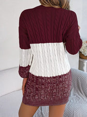 Color Block Cable Knit Sweater Dress with Textured Pattern 