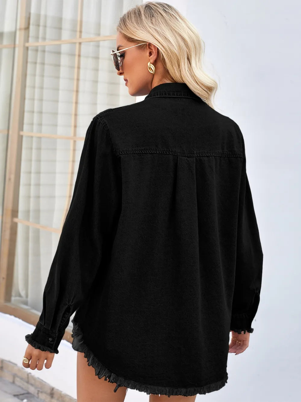 Raw Hem Button Up Long Sleeve Denim Jacket with Sequin Pockets 
