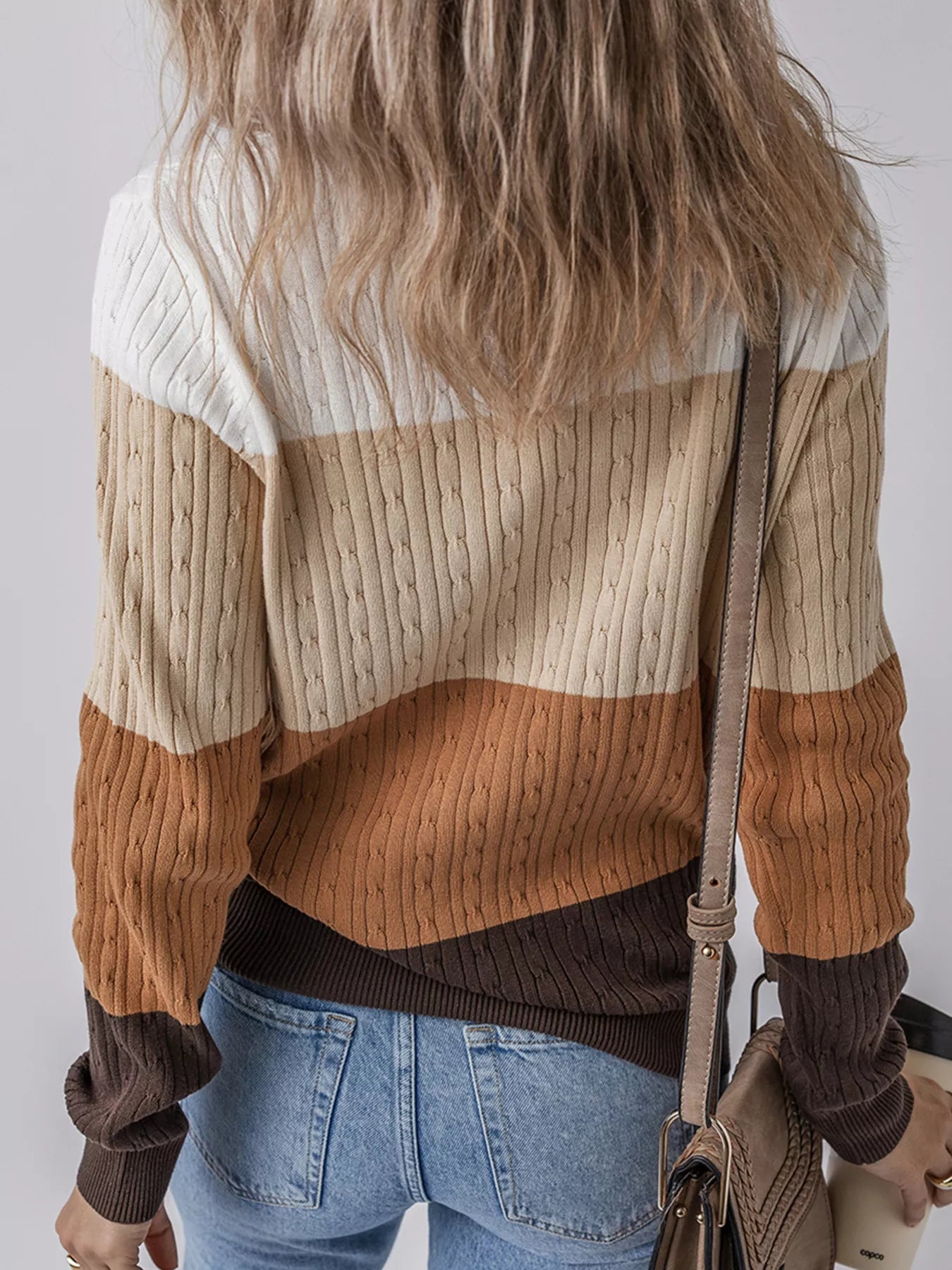 Colorblock Cable Knit Round Neck Sweater 