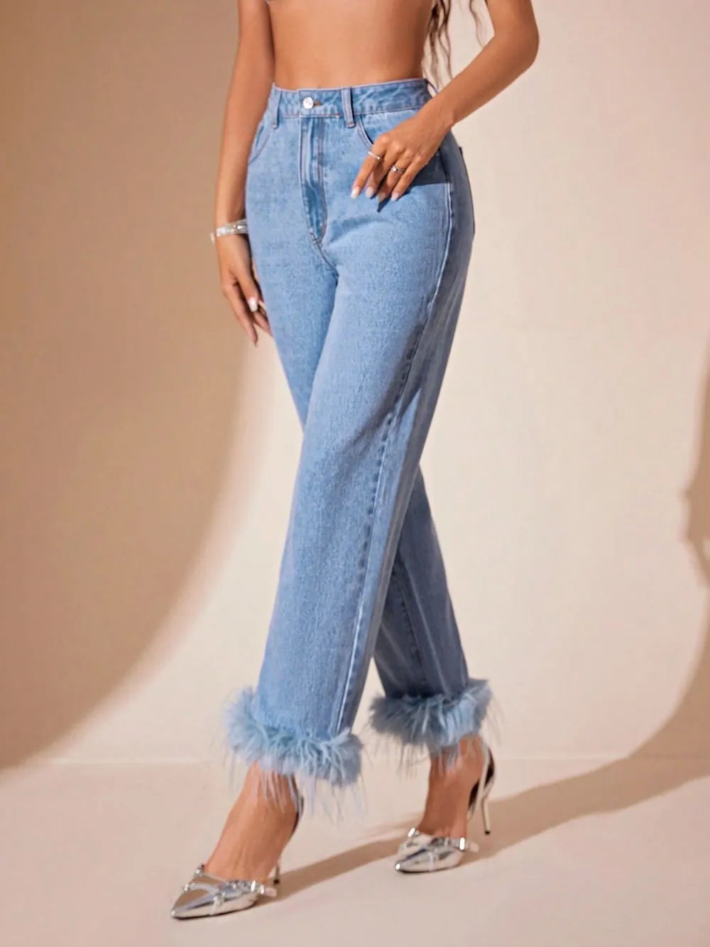Plush Hem High Rise Straight Jeans 