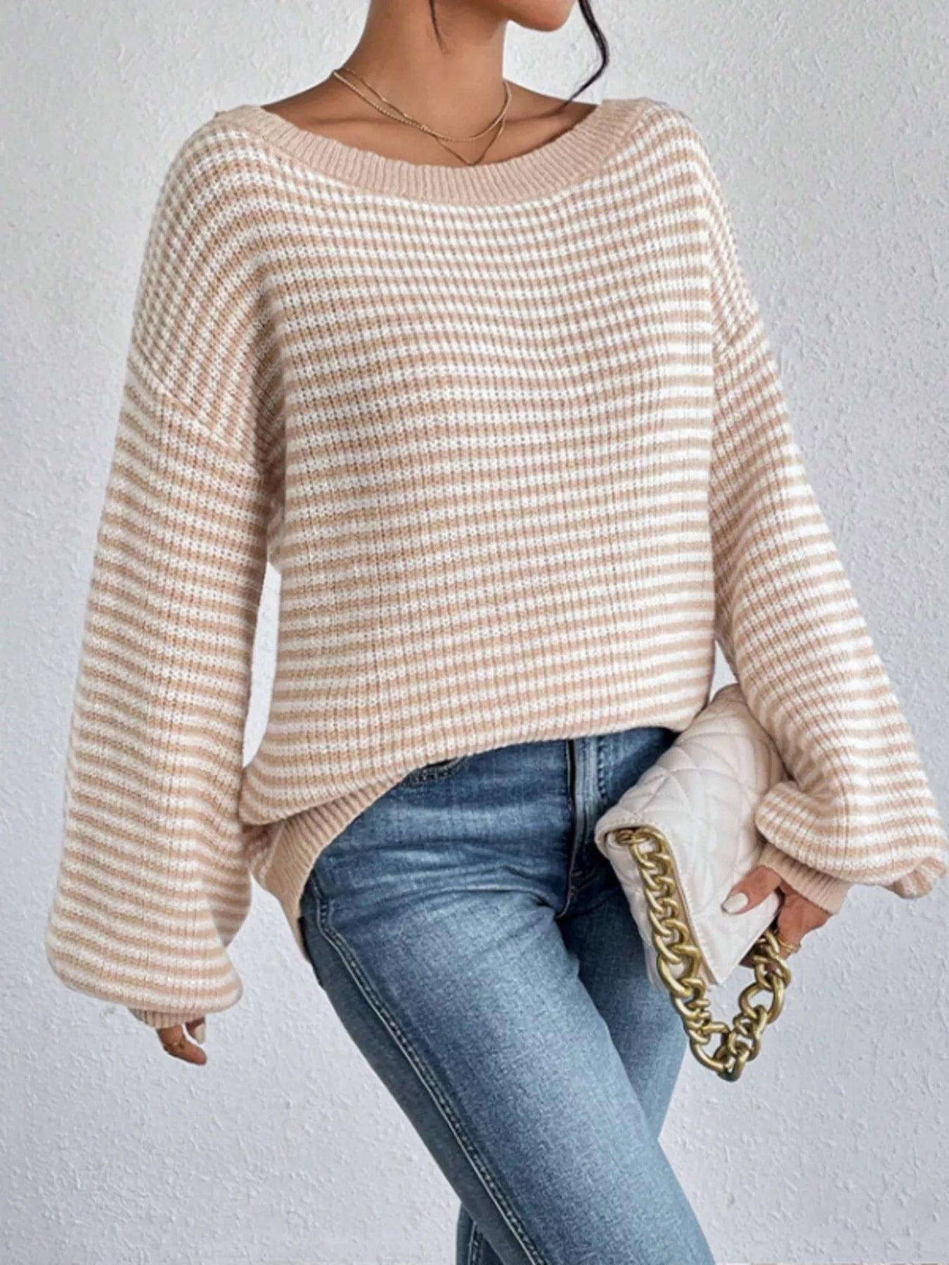 Striped Boat Neck Long Sleeve Sweater 