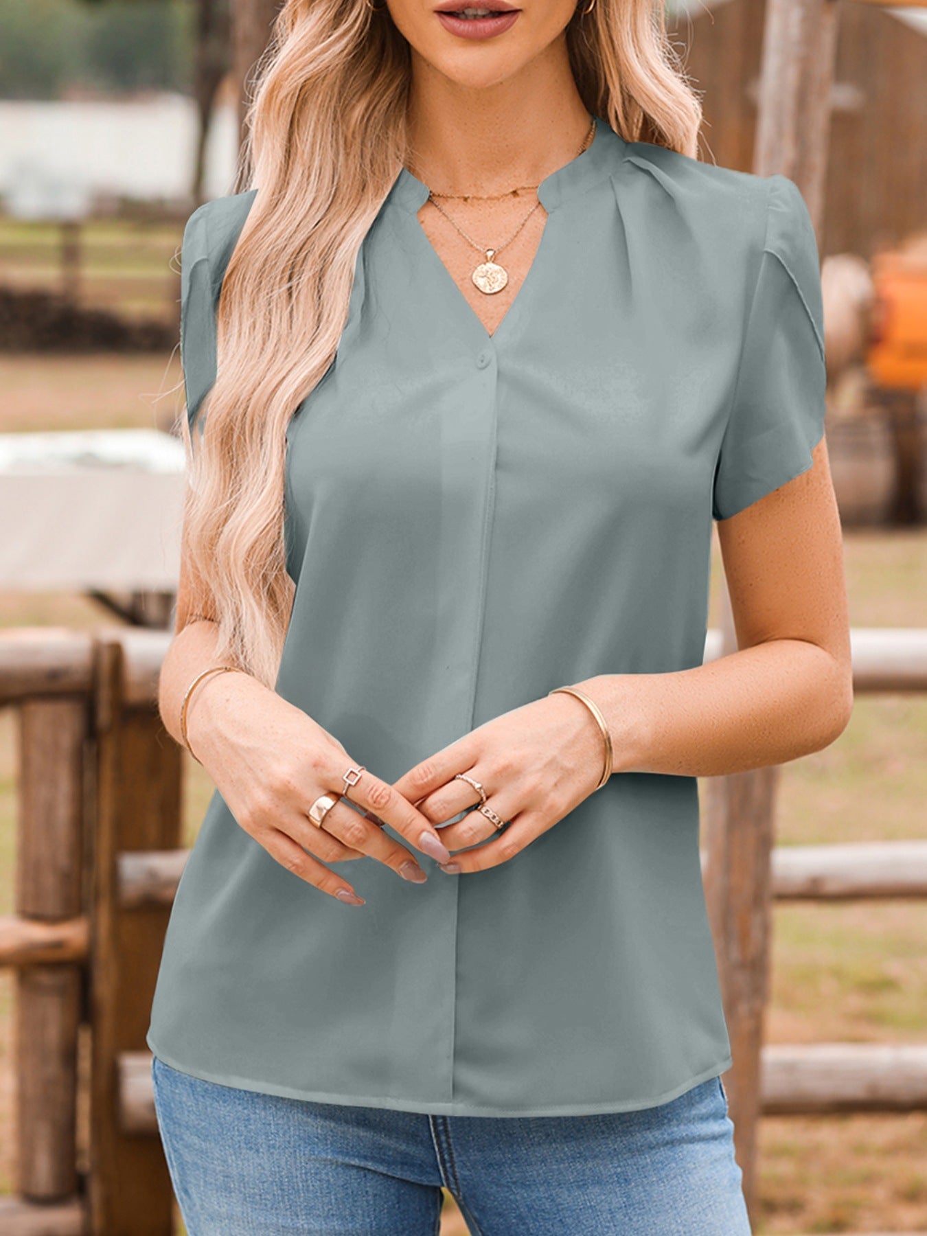 Notched Neckline Petal Sleeve Blouse 