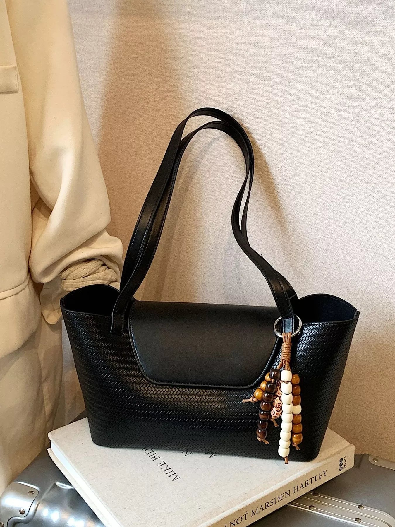 Texture Tote Bag with Beaded Charm 