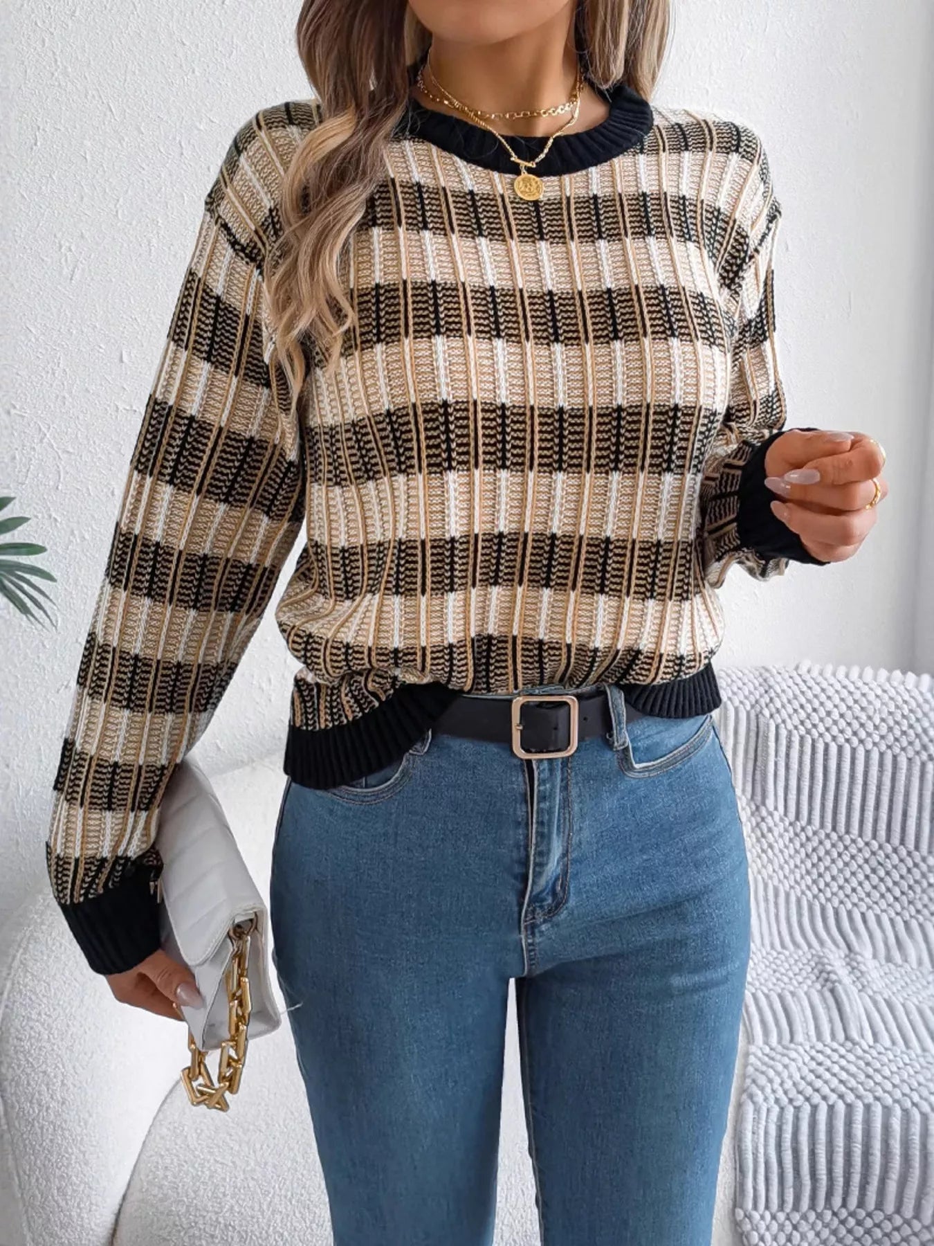 Striped Round Neck Long Sleeve Sweater 