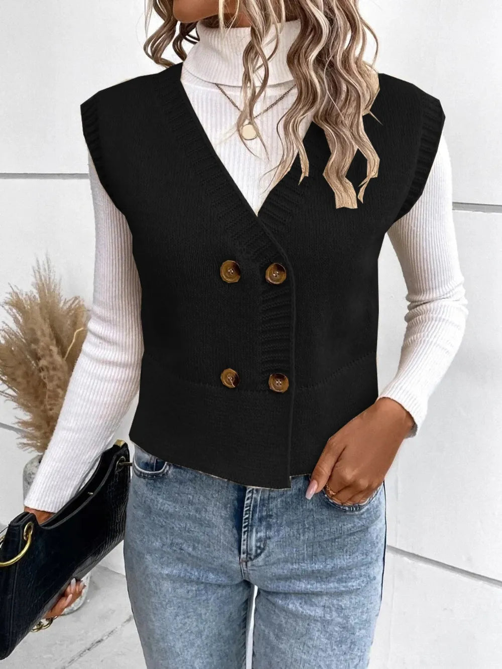 Full Size Button Up V-Neck Sweater Vest 