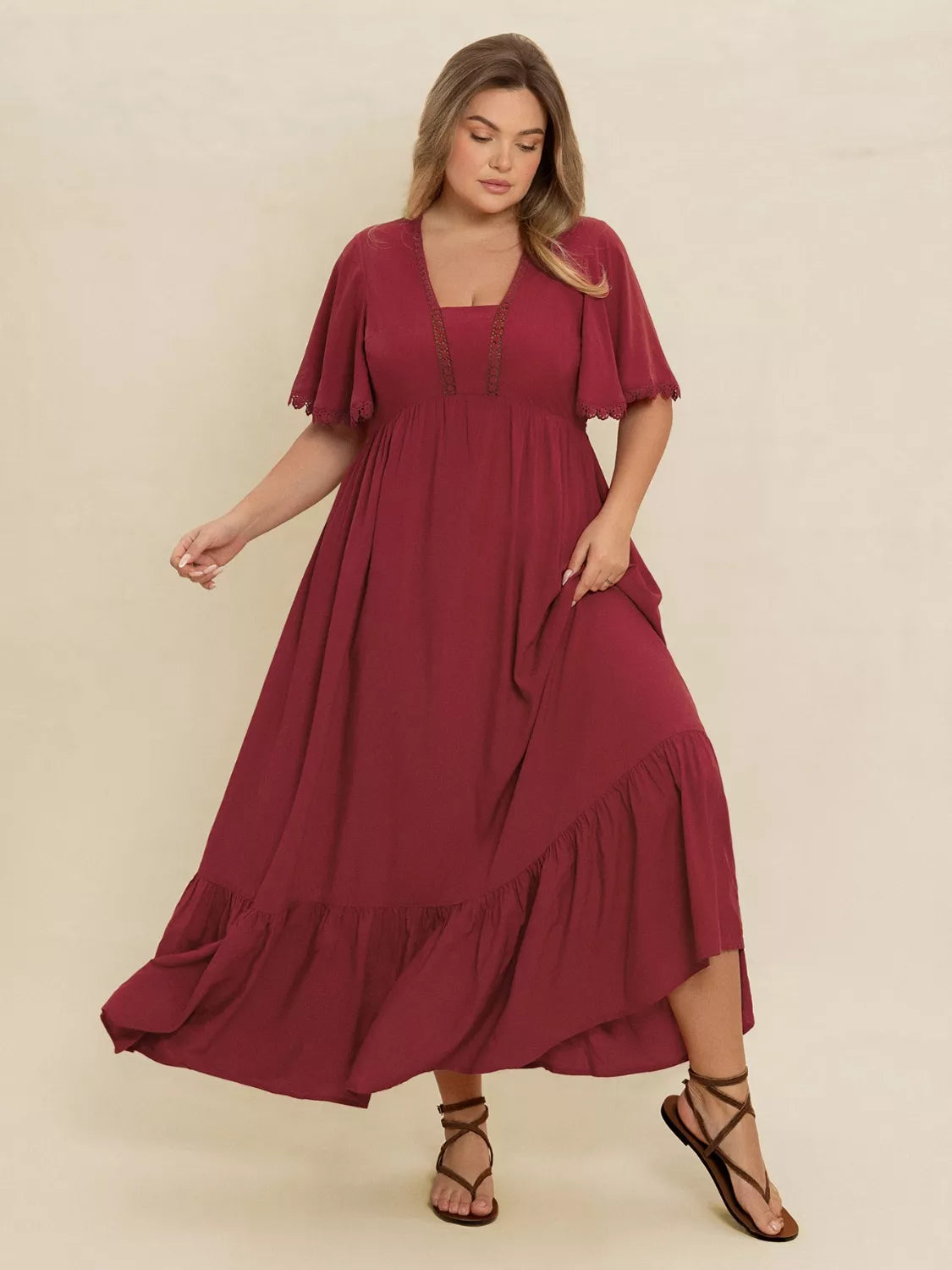 Plus Size Lace Detail Flutter Sleeve Maxi Dress 